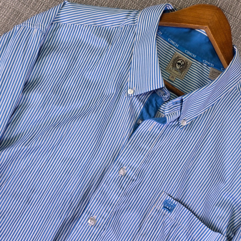 Cinch Shirt Mens XL Blue White Stripe Western Button Up Long Sleeve Cotton Blend